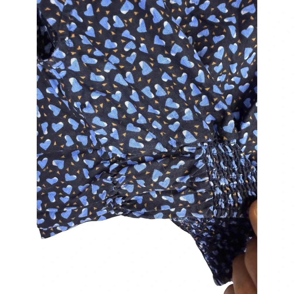 Free People Heart Print Twist Front Crop Top Blue Black V-Neck Smocked Back